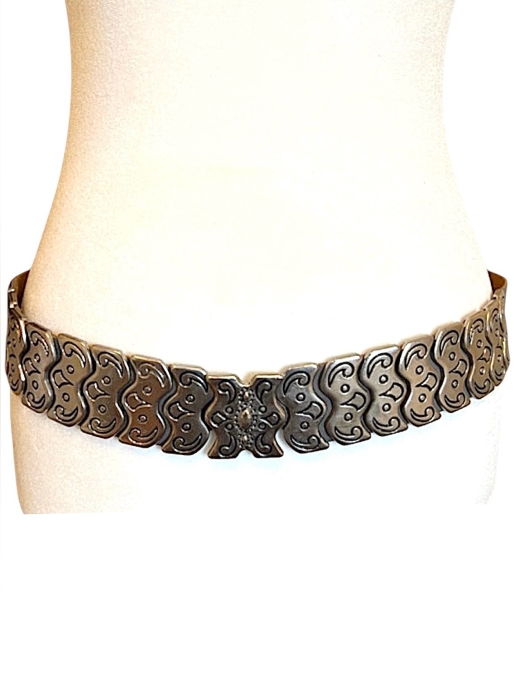 In Transit 80s France Silver Metal Concho Panel Gray Leather Wide Dress Belt 32